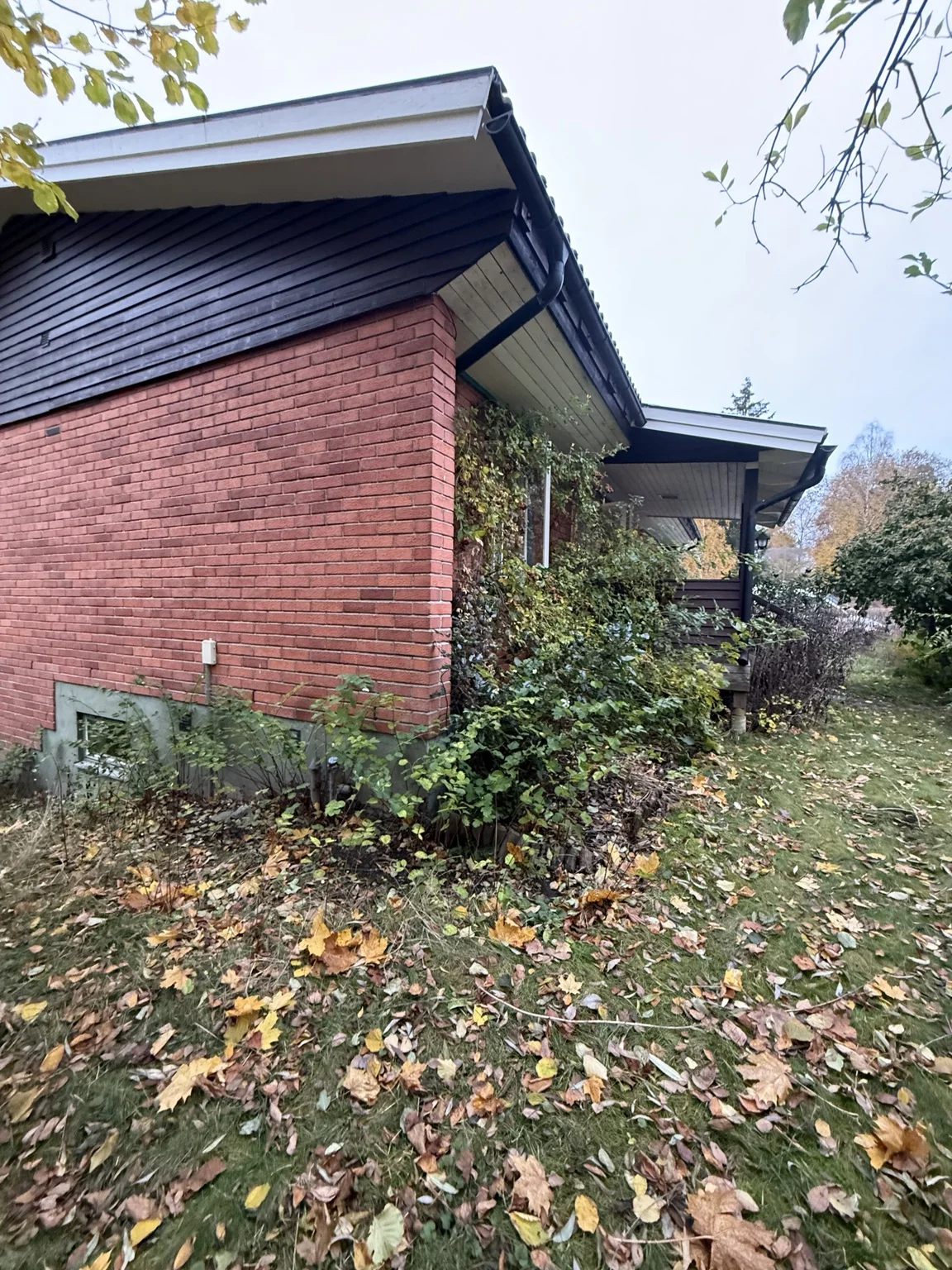 Fasadhörn med tegel, träpanel och växtlighet före renoveringen av Villa Bällsta